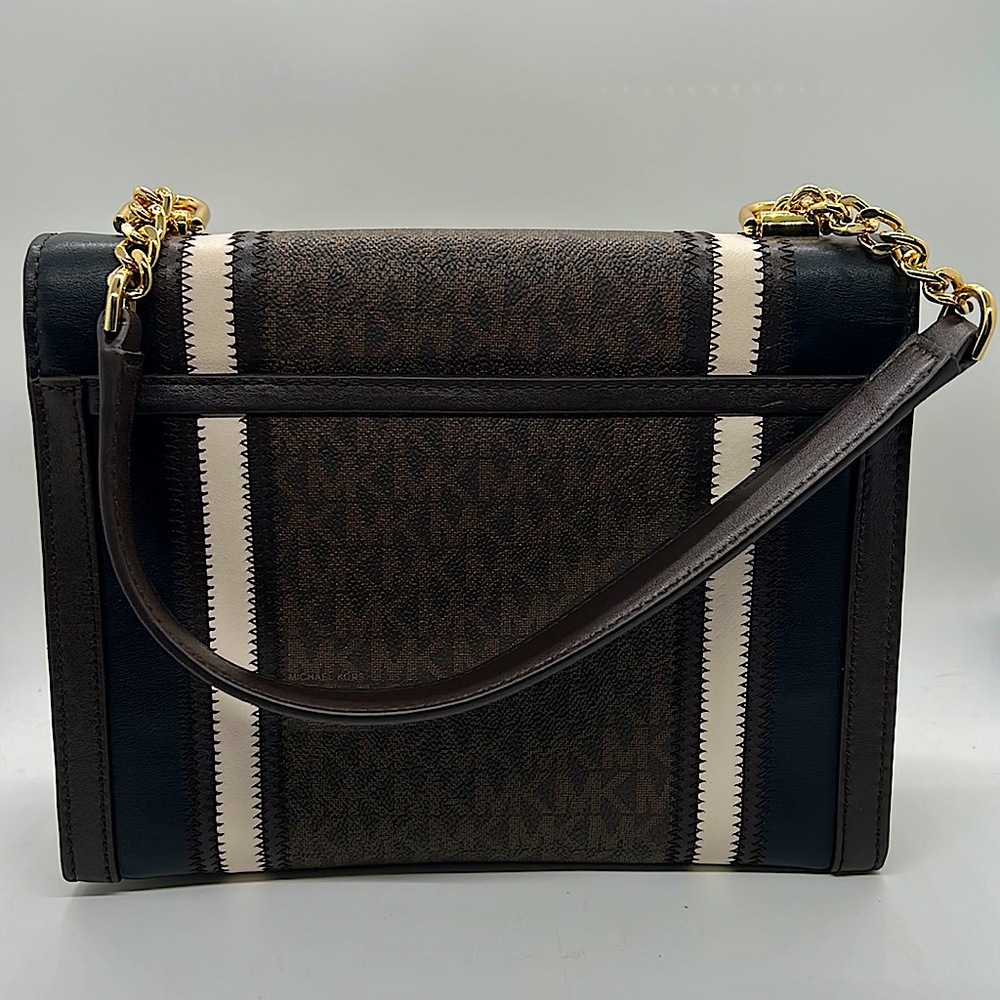 Michael Kors Authentic MK Logo Brown Leather Crossbody Purse Bag With Gold Chain - Picture 2 of 6